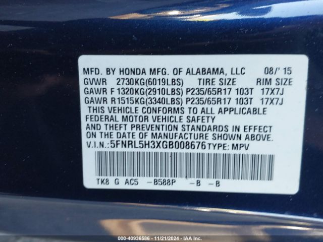 5FNRL5H3XGB008676 Honda ODYSSEY SE