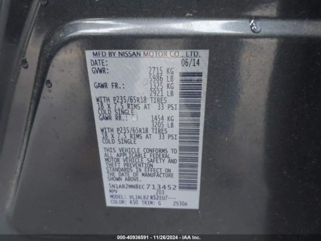 5N1AR2MN8EC713452 Nissan Pathfinder S