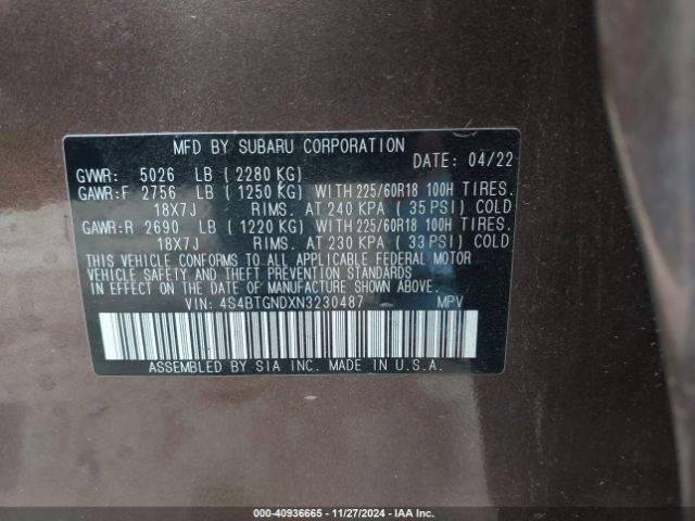 4S4BTGNDXN3230487 Subaru Outback Limited Xt
