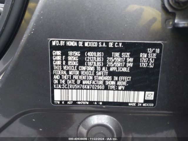 3CZRU5H76KM702960 Honda Hr-v Ex-l