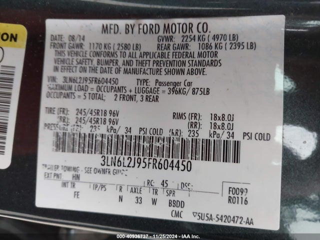 Lincoln MKZ 2015 3LN6L2J95FR604450 Image 9