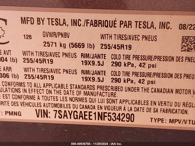 2022 TESLA MODEL Y 7SAYGAEE1NF534290 Photo 8