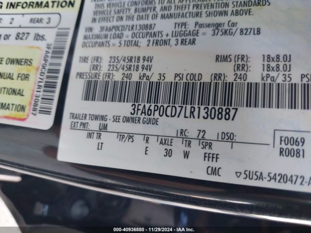 3FA6P0CD7LR130887 Ford FUSION SEL