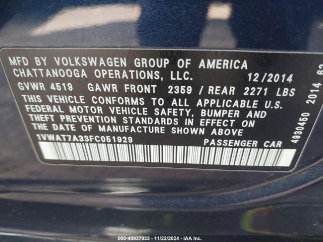 1VWAT7A33FC051929 Volkswagen Passat 1.8t Wolfsburg Edition