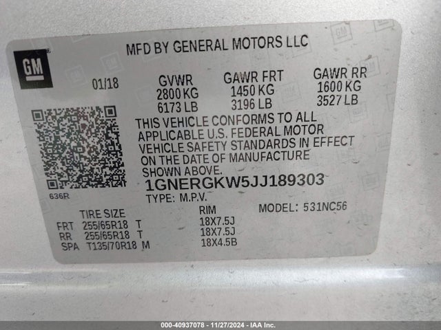 1GNERGKW5JJ189303 Chevrolet Traverse 1lt