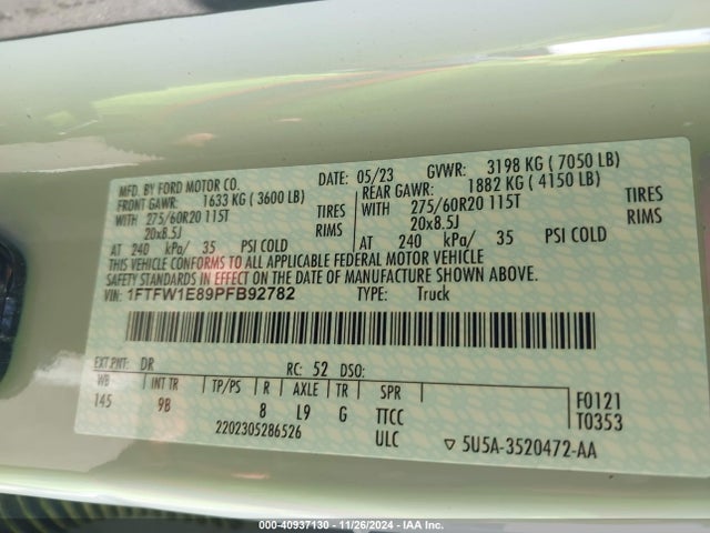 1FTFW1E89PFB92782 Ford F-150 Platinum