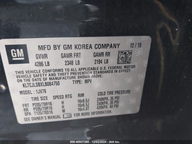 KL7CJLSBXLB084750 Chevrolet Trax Fwd Lt