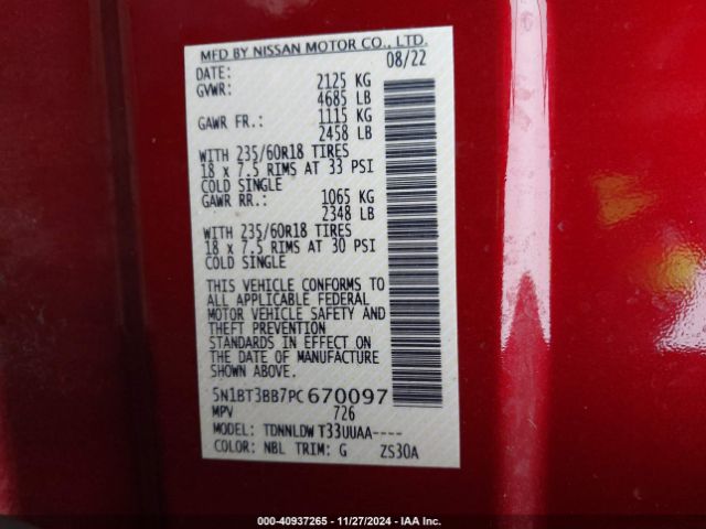 5N1BT3BB7PC670097 Nissan Rogue Sv Intelligent Awd