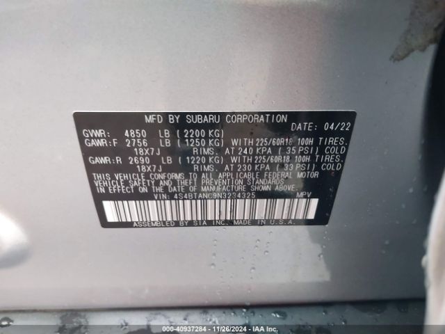 4S4BTANC9N3234325 Subaru Outback Limited