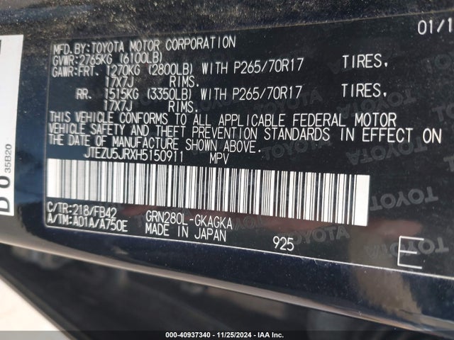Toyota 4RUNNER SR5 2017 JTEZU5JRXH5150911 Image 9