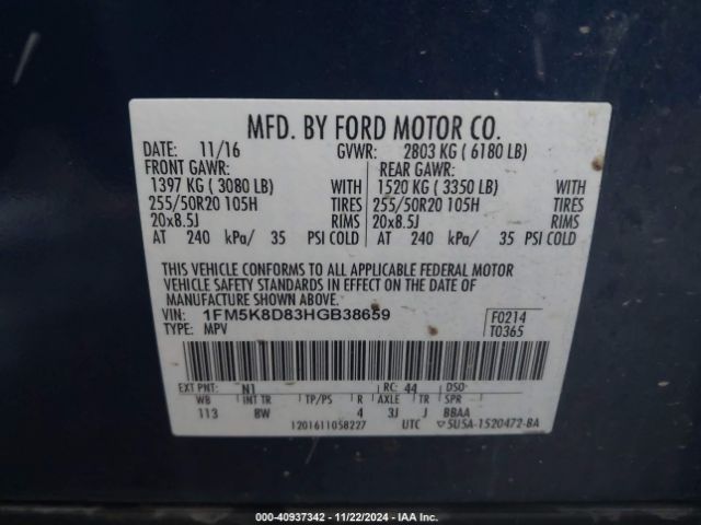 1FM5K8D83HGB38659 Ford EXPLORER XLT