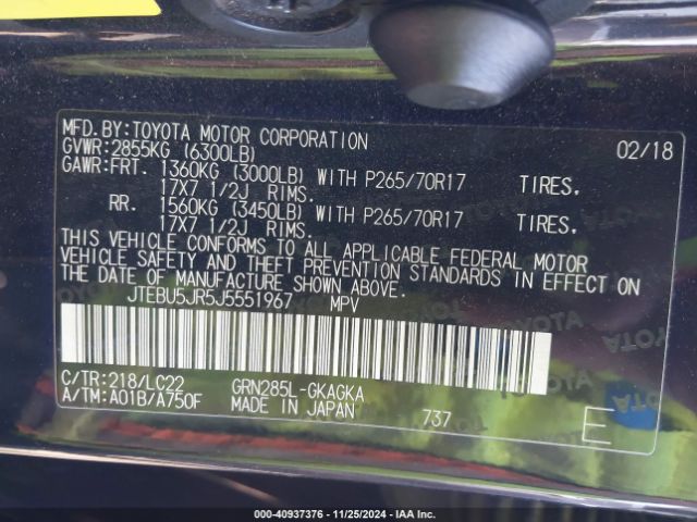 JTEBU5JR5J5551967 Toyota 4runner Trd Off Road Premium
