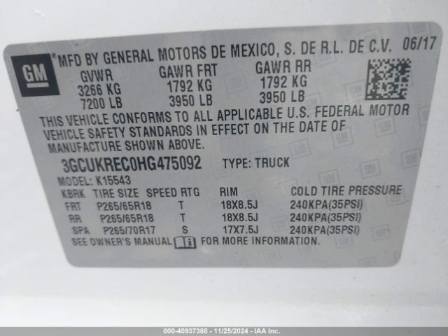3GCUKREC0HG475092 Chevrolet Silverado 1500 2lt