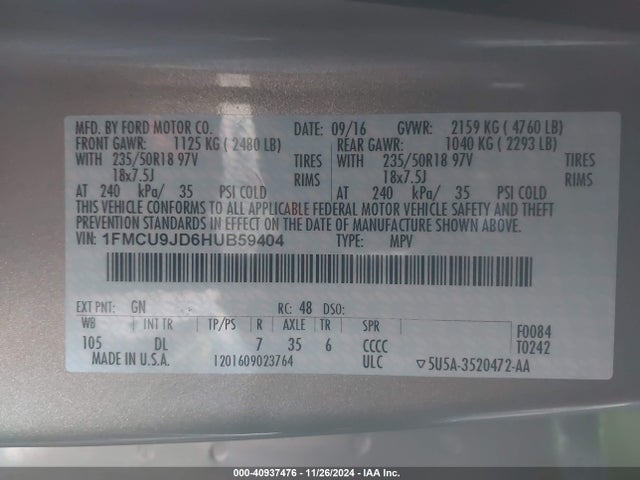 Ford Escape Titanium 2017 1FMCU9JD6HUB59404 Image 9