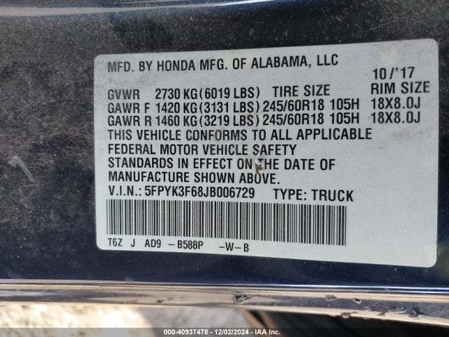 Honda Ridgeline Rtl-t 2018 5FPYK3F68JB006729 Image 9