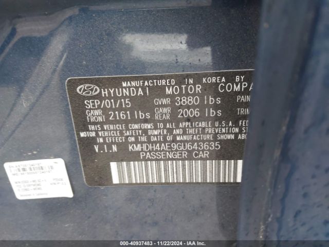 KMHDH4AE9GU643635 Hyundai ELANTRA SE