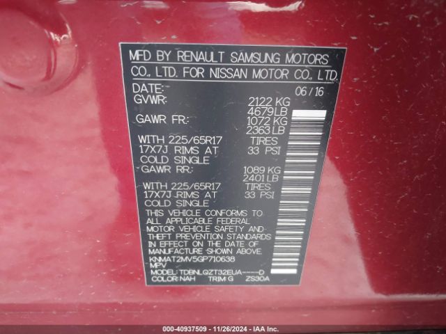 KNMAT2MV5GP710638 Nissan Rogue S/sl/sv