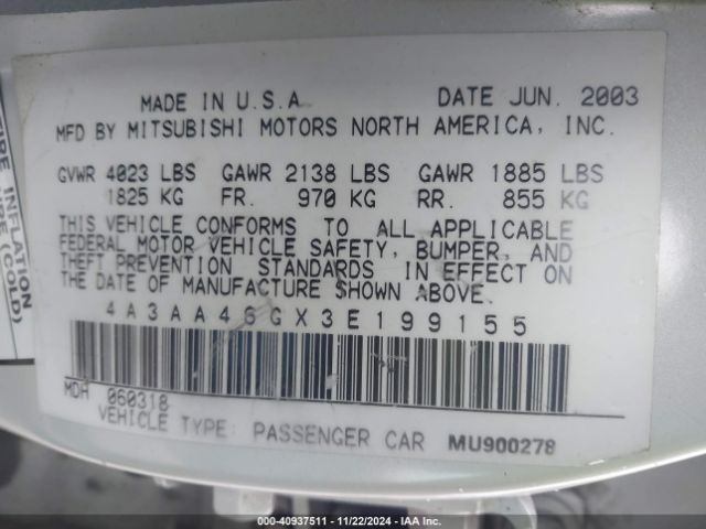 2003 MITSUBISHI GALANT 4A3AA46GX3E199155 Photo 8