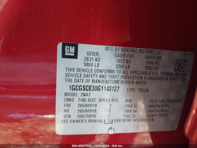1GCGSCE30G1143127 Chevrolet Colorado Lt