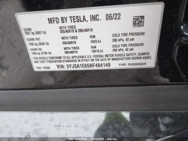 2022 TESLA MODEL S 5YJSA1E65NF484149 Photo 8