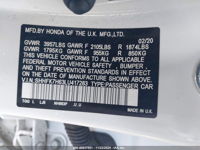 Honda CIVIC EX 2020 SHHFK7H63LU417283 Image 9