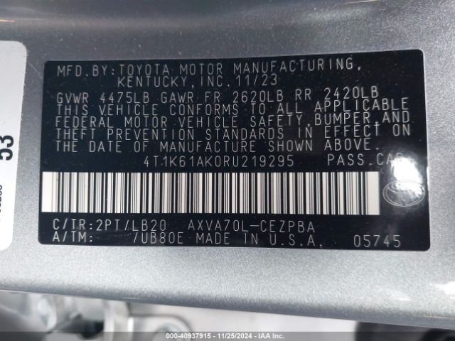 4T1K61AK0RU219295 Toyota CAMRY XSE
