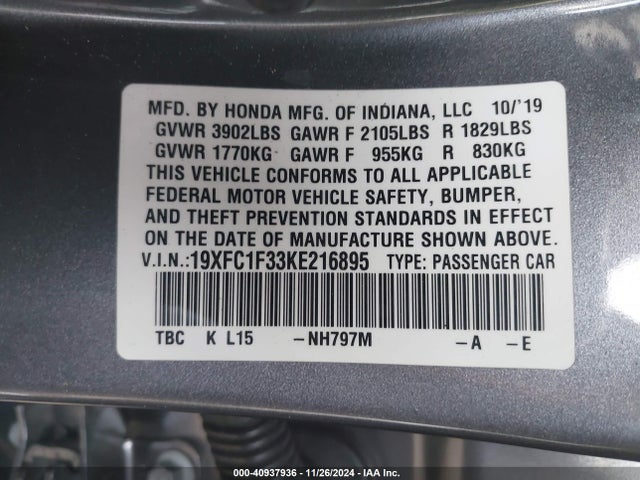 Honda CIVIC EX 2019 19XFC1F33KE216895 Image 9