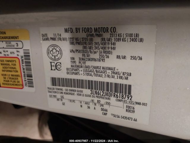 3LN6L2JK0FR618792 Lincoln MKZ
