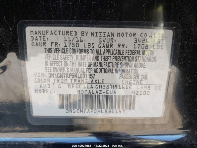 3N1CN7AP5HL831157 Nissan Versa 1.6 S+