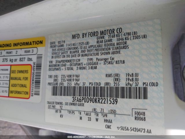 3FA6P0D90KR221539 Ford Fusion Titanium