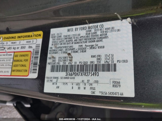 Ford FUSION SE 2015 3FA6P0H7XFR275493 Image 9