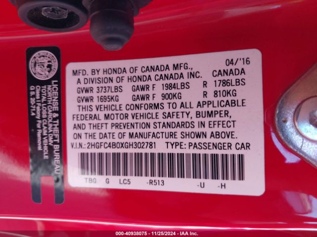 2HGFC4B0XGH302781 Honda Civic Lx-p