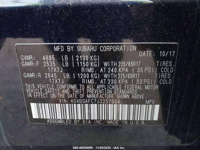 Subaru Outback 2.5i Premium 2018 4S4BSAFC7J3257064 Image 9