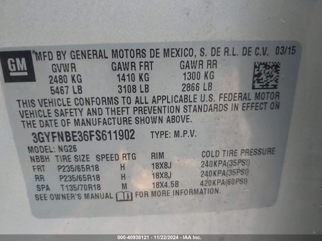 2015 CADILLAC SRX 3GYFNBE36FS611902 Photo 8