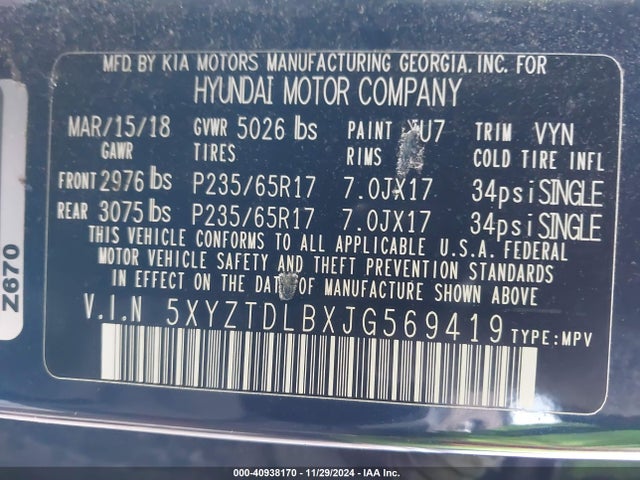 5XYZTDLBXJG569419 Hyundai Santa Fe Sport 2.4l