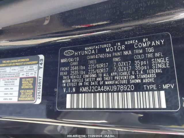 KM8J2CA48KU978920 Hyundai TUCSON SE