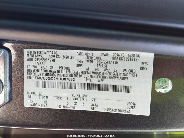 Ford ESCAPE SE 2017 1FMCU0GD2HUB87882 Image 9