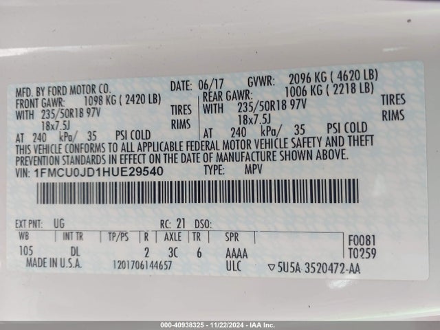 Ford Escape Titanium 2017 1FMCU0JD1HUE29540 Image 9