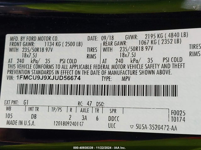 Ford Escape Titanium 2018 1FMCU9J9XJUD56674 Image 9