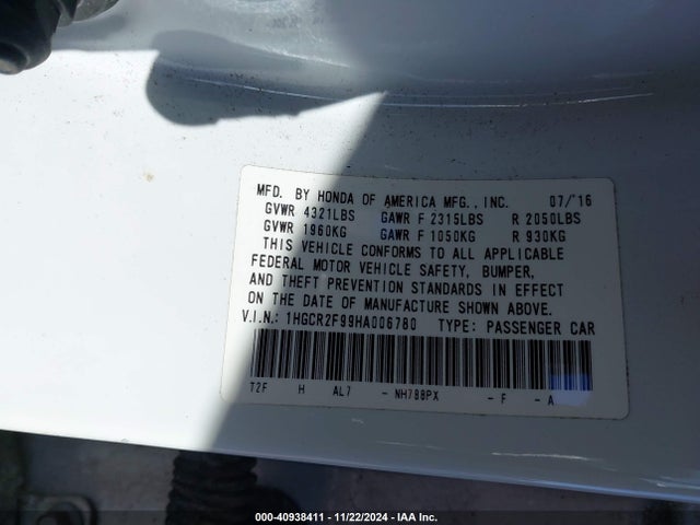 Honda Accord Ex-l 2017 1HGCR2F99HA006780 Image 9
