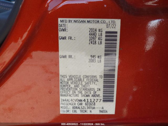 1N4AL4CV0NN411277 Nissan Altima Sr Vc-turbo Fwd