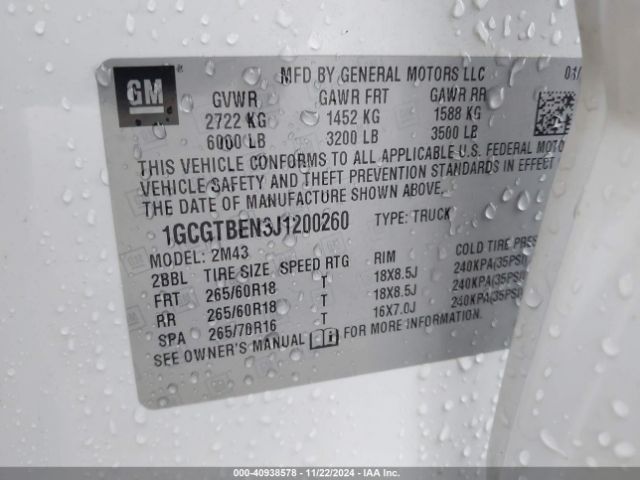 1GCGTBEN3J1200260 Chevrolet Colorado Wt