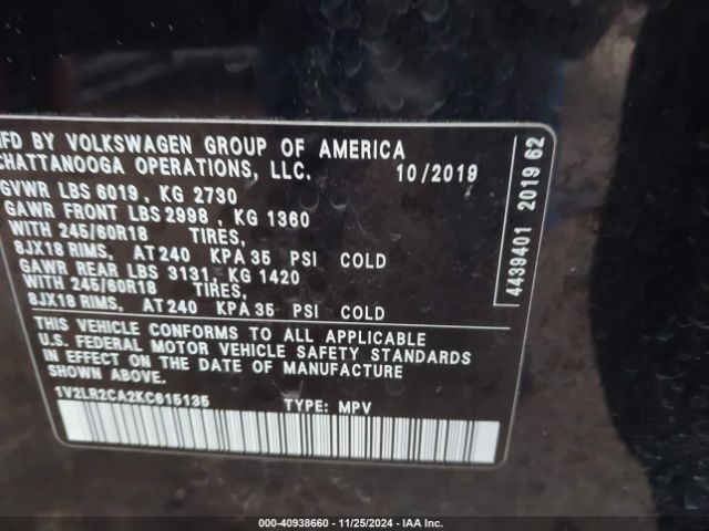 1V2LR2CA2KC615135 Volkswagen Atlas 3.6l V6 Se