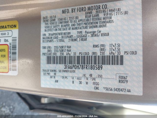 3FA6P0H78FR180589 Ford FUSION SE