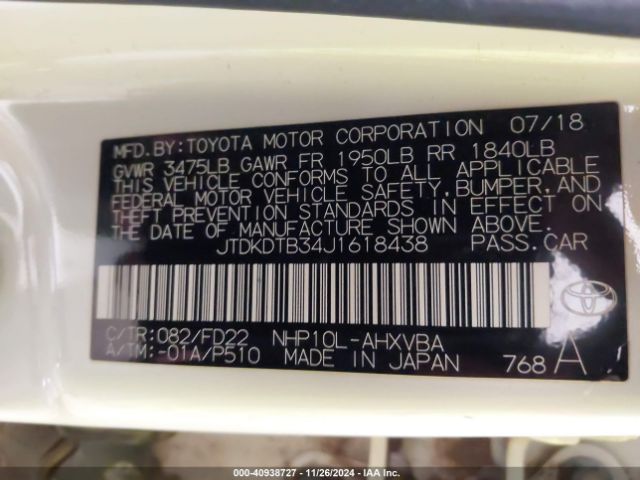 JTDKDTB34J1618438 Toyota Prius C One
