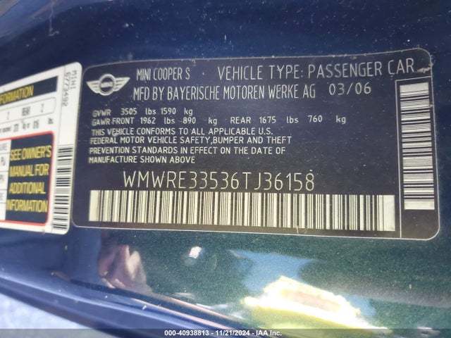 2006 MINI COOPER S WMWRE33536TJ36158 Photo 8