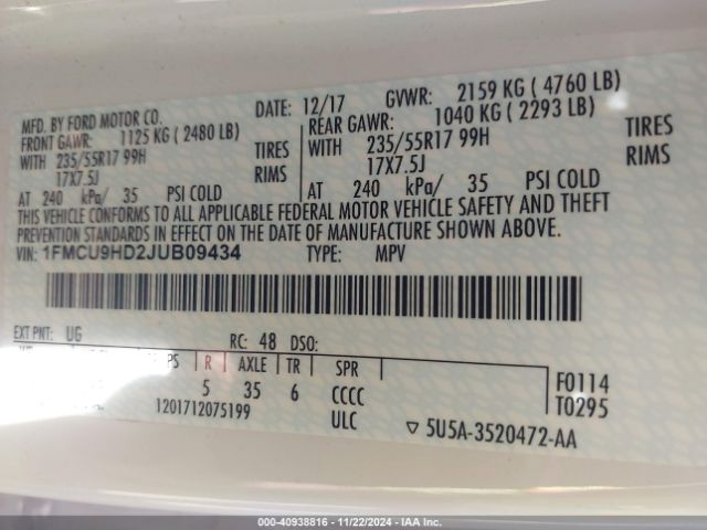 1FMCU9HD2JUB09434 Ford ESCAPE SEL