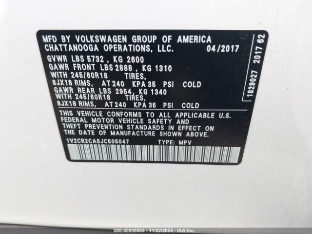 1V2CR2CA5JC505047 Volkswagen Atlas 3.6l V6 Se