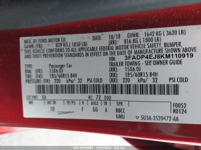 Ford FIESTA SE 2019 3FADP4EJ8KM110919 Image 9