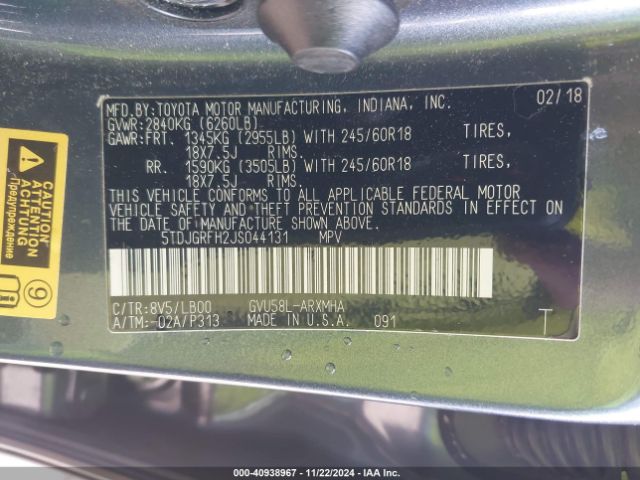 5TDJGRFH2JS044131 Toyota Highlander Hybrid Xle